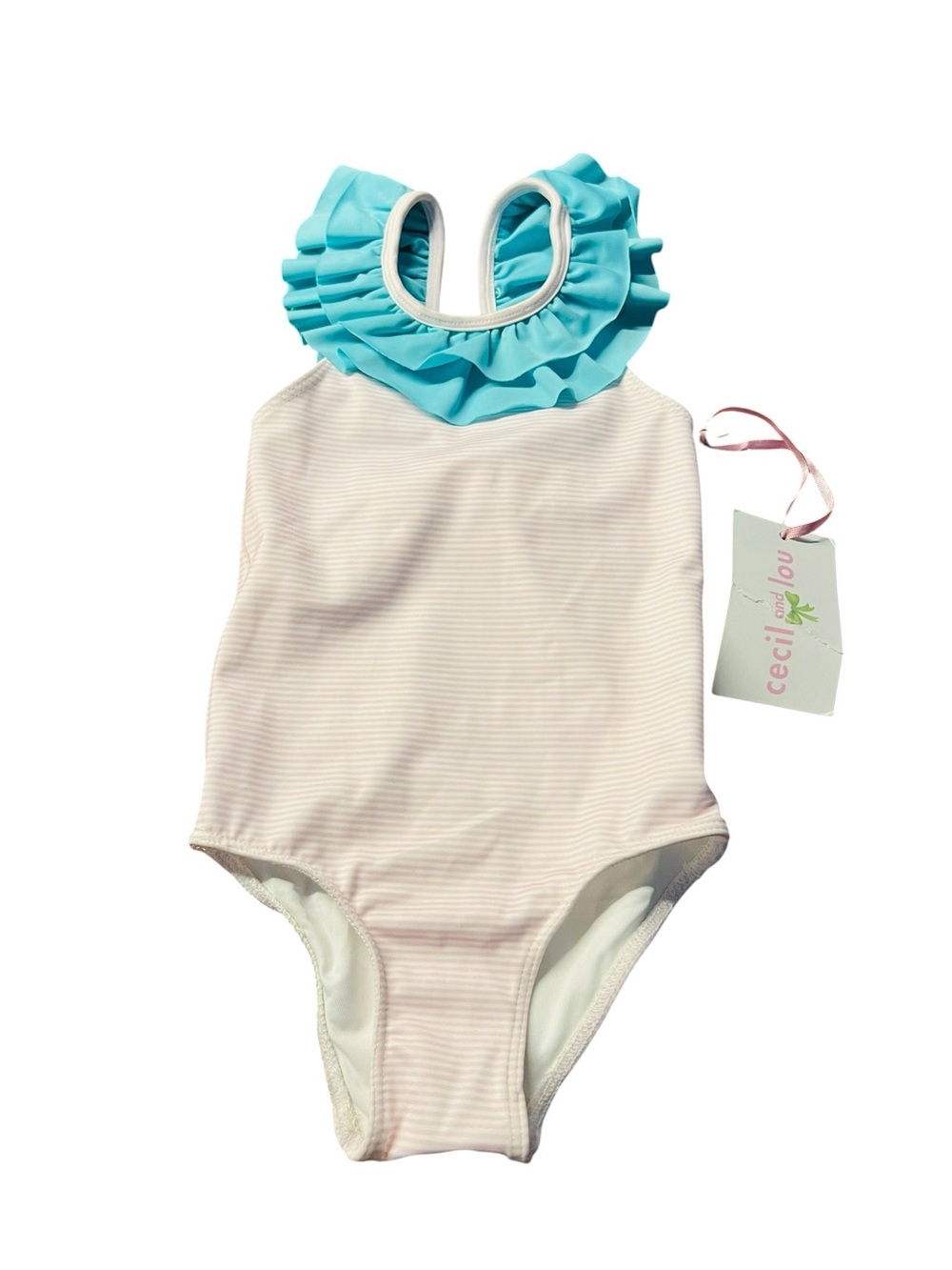 Cecilie Lou Kids Pink Stripe One-Piece with Aqua Ruffle Collar Size 2T NWT